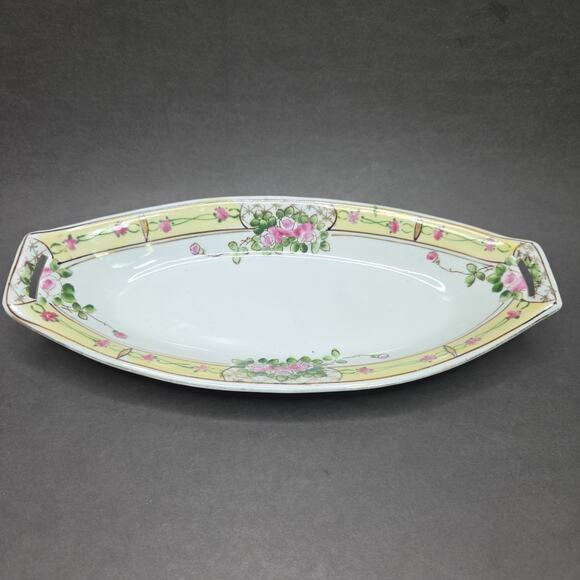Nippon Hand Painted Celery Dish Pink Floral Porcelain 11in Chintz - Picture 14 of 16